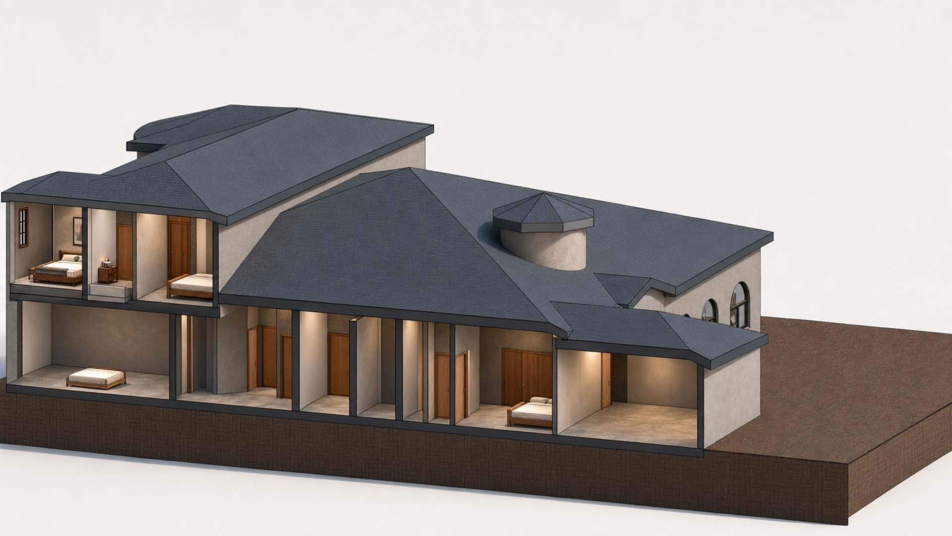 Longitudinal section-cut rendering showing how the second-story addition connects with the existing residence