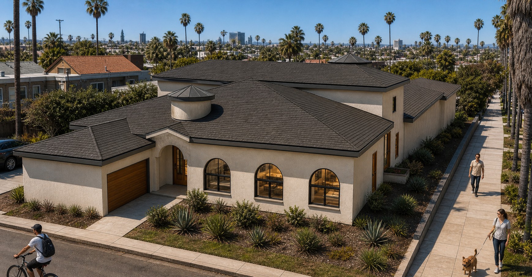 Front exterior rendering of the remodeled Tarzana residence with garage, arched windows, and second-story addition
