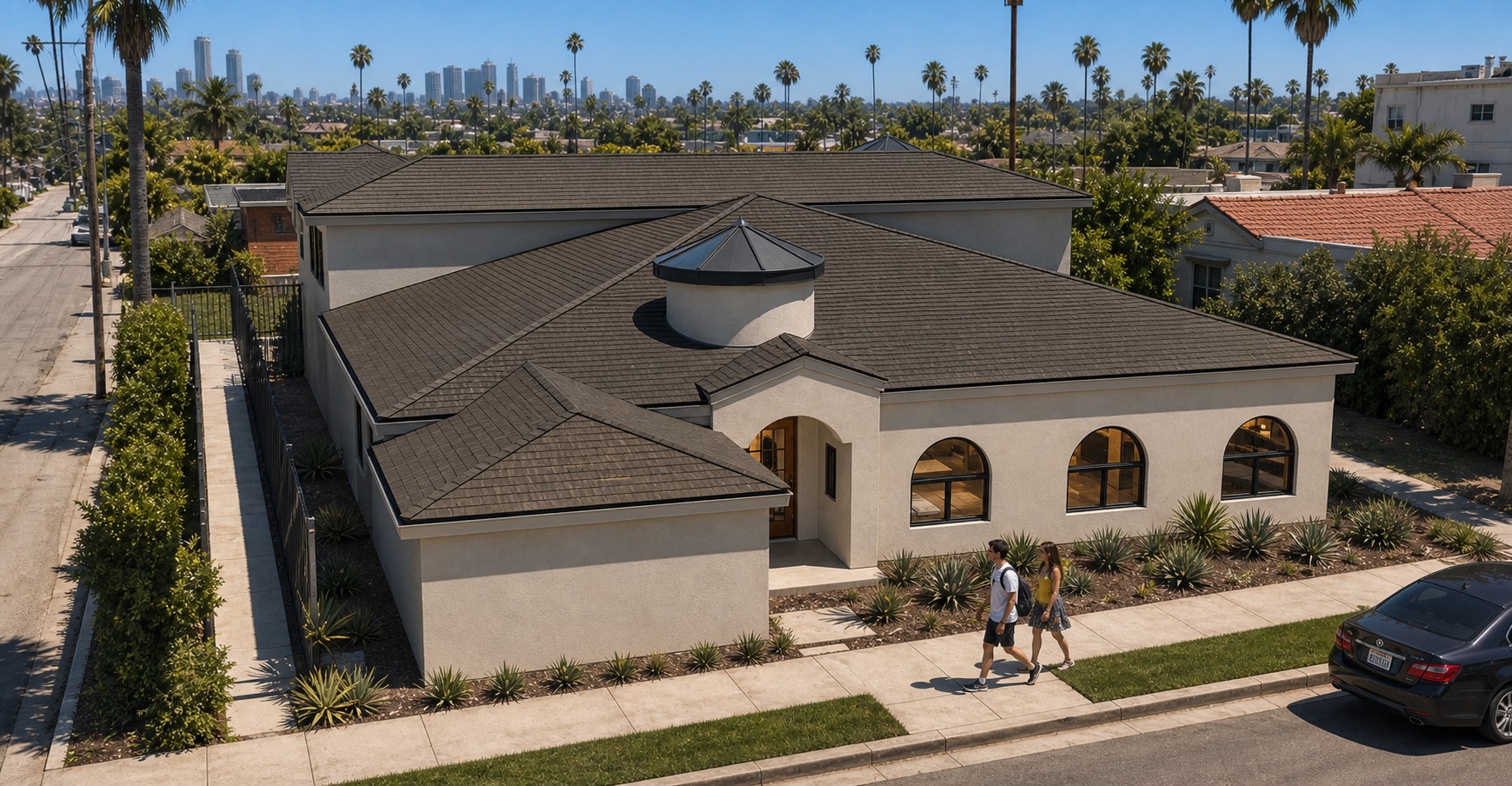 Front approach rendering with arched first-floor windows, layered hip roofs, and the second level set behind