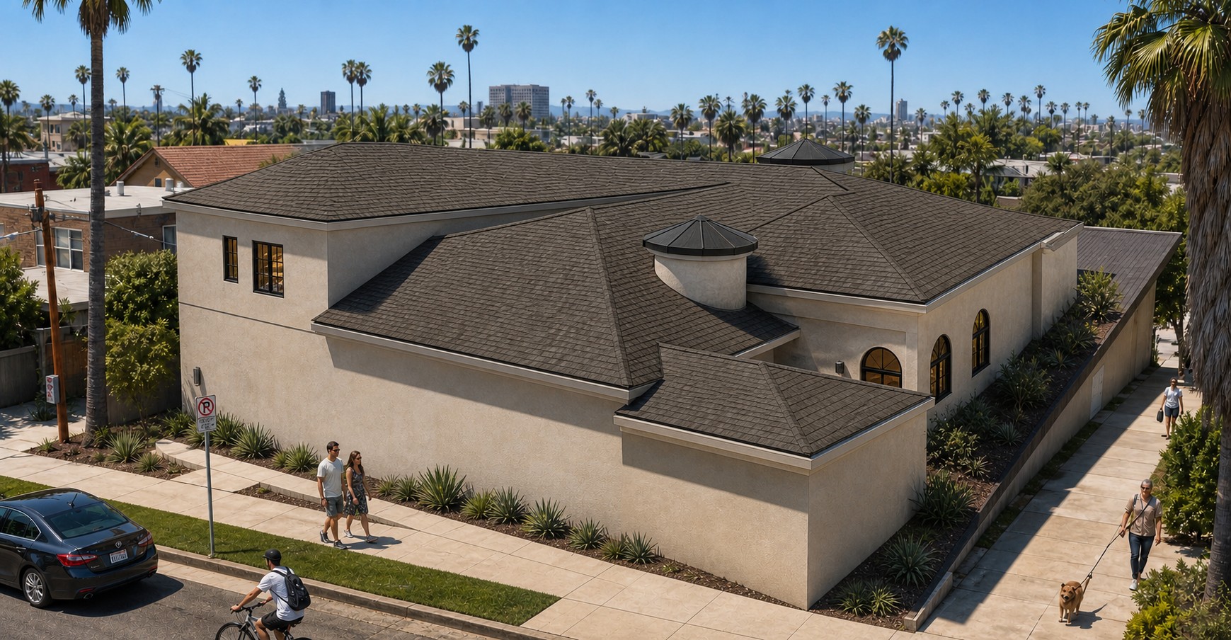 Side and roof rendering showing the upper-level addition rising behind retained portions of the residence