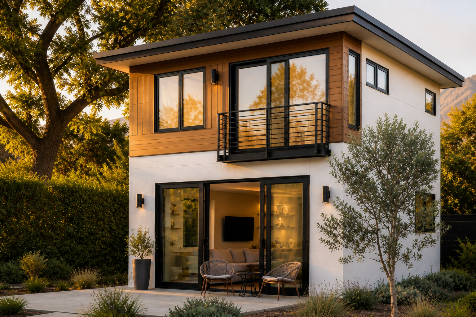 Two-story backyard ADU in Encino with a private entrance and upper-level living space