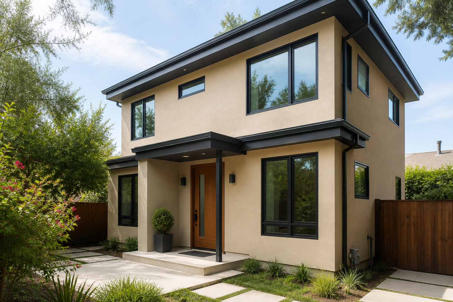 Two-story modern backyard ADU in Encino with a wood front door