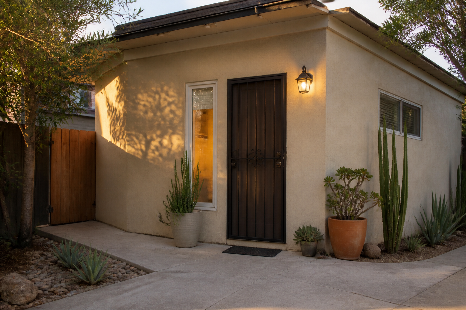 Private entrance of an older Los Angeles backyard ADU with stucco walls and a security screen door