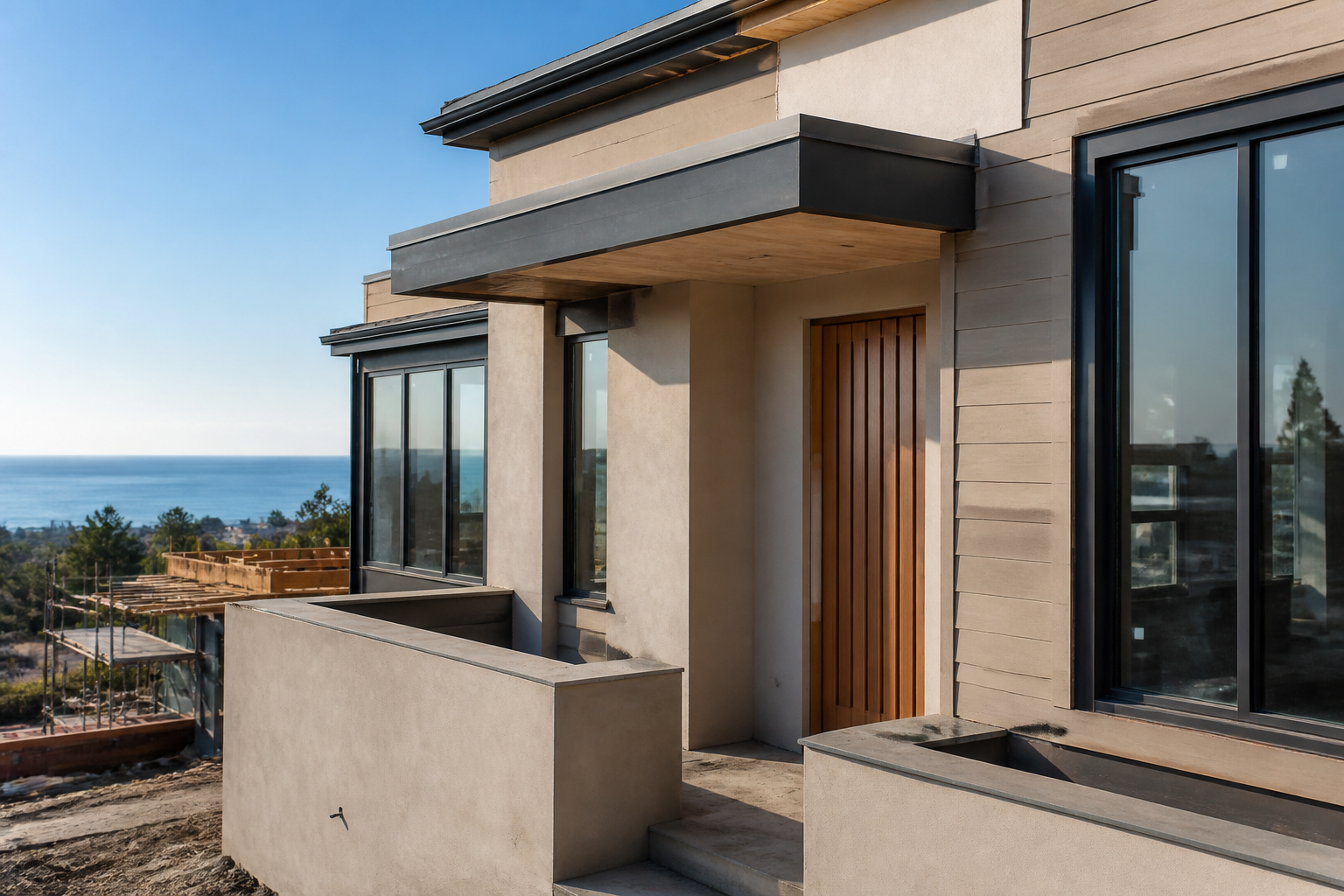 Close-up of a new Pacific Palisades hillside home with stucco, metal details, and ocean view