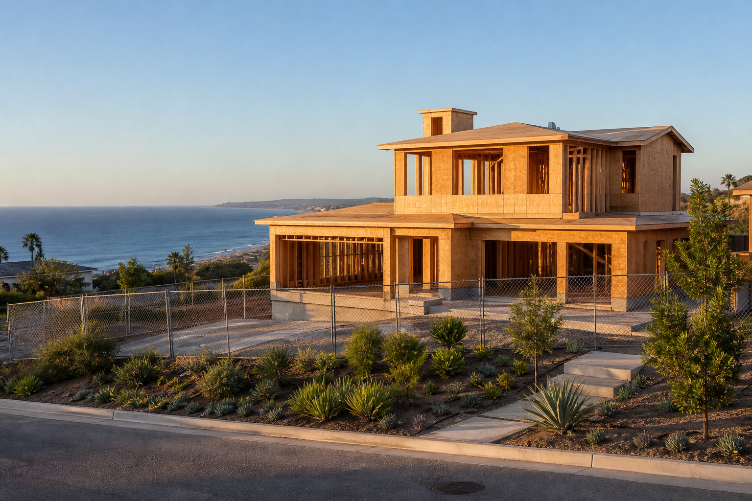 New two-story house under construction on a Pacific Palisades hillside lot overlooking the ocean