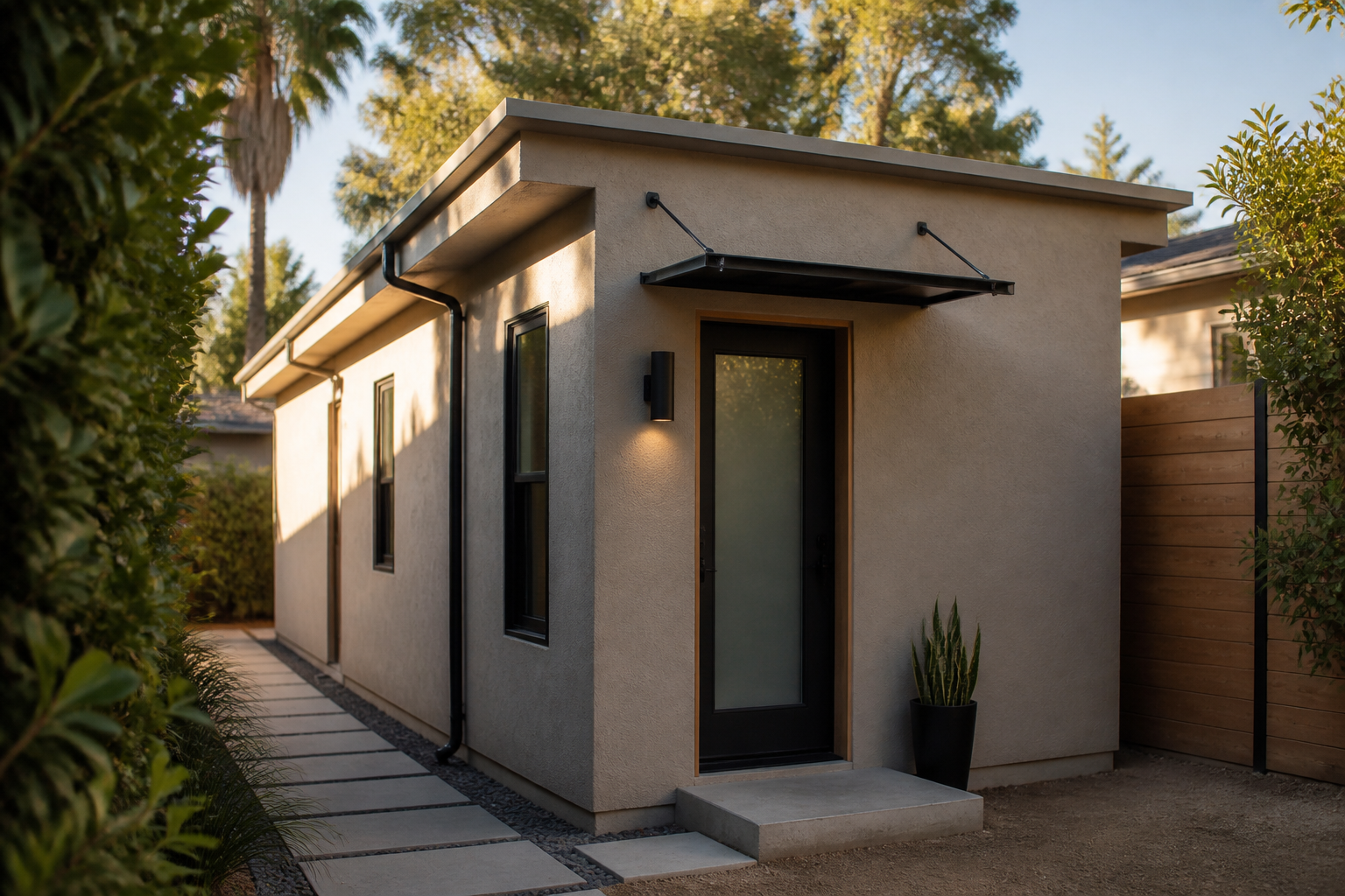 Close-up of a modern Encino detached backyard ADU with a private entrance and metal awning