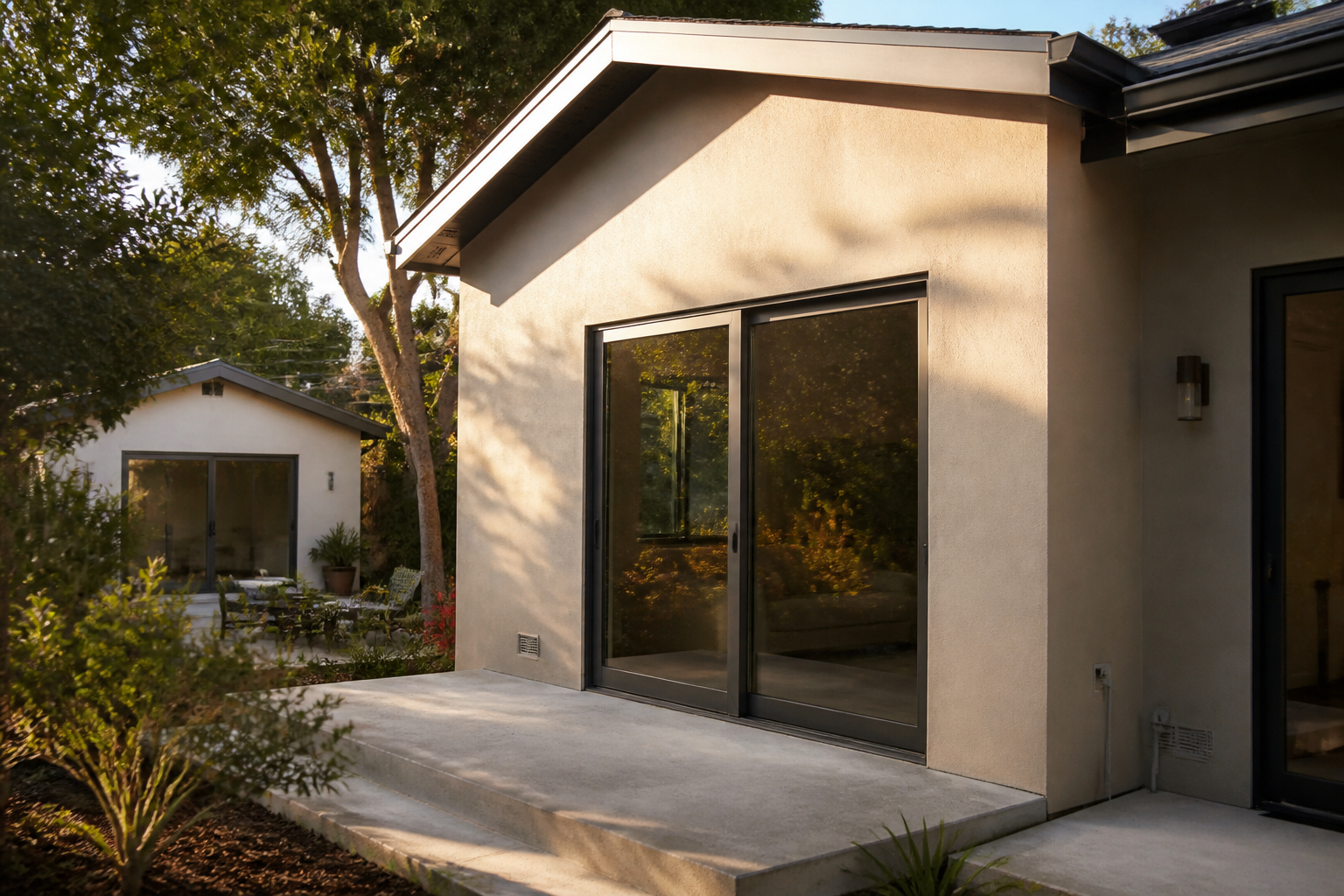 Close-up of a new Encino home addition with a detached backyard ADU across the courtyard