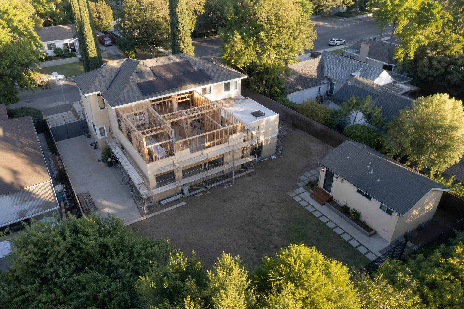 Encino lot with a main-house addition under construction and a finished detached backyard ADU, the hire choice between linkage-fee addition and an exempt ADU