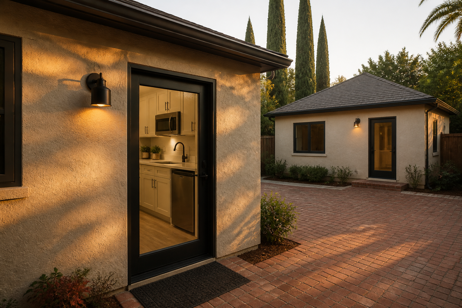 Close-up of a garage-conversion junior unit with one matching detached cottage across the courtyard