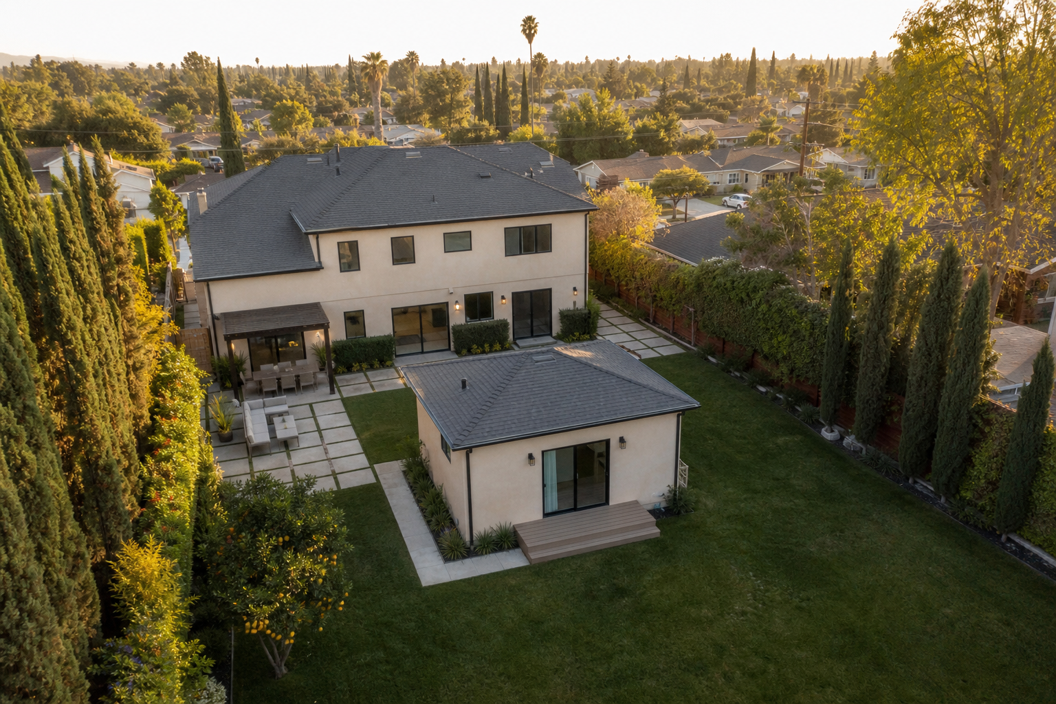 Encino backyard with a compact one-story detached ADU sized at or under 750 square feet of interior livable space