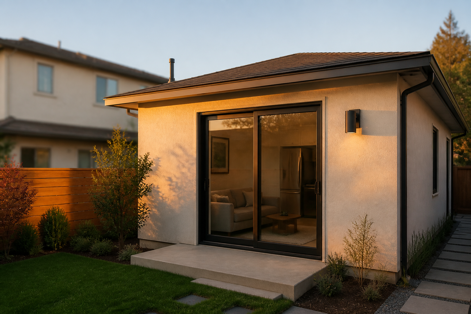 Close-up of a compact Encino backyard ADU at golden hour, modest one-story unit under the 750-square-foot impact-fee cliff