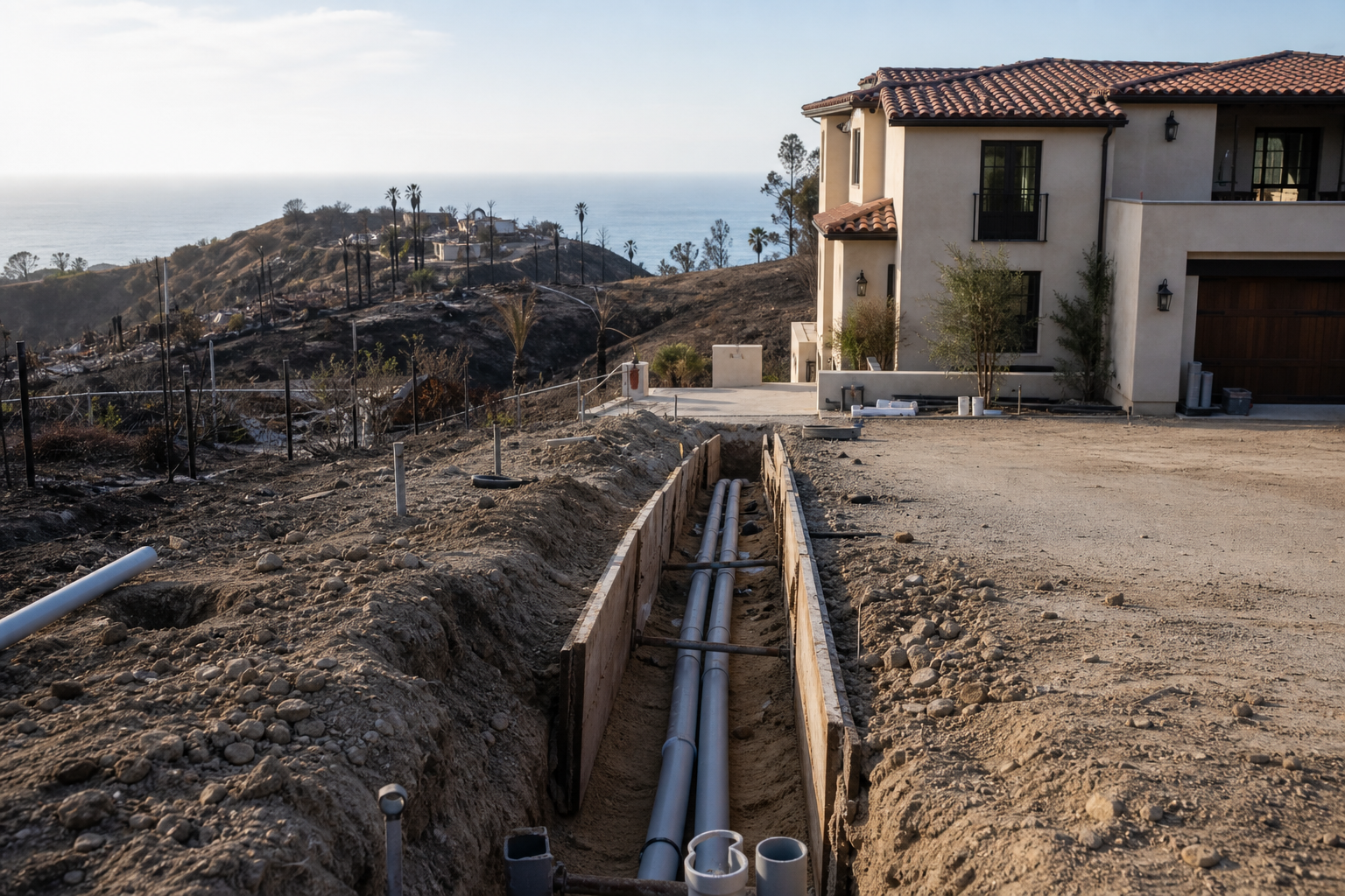 Pacific Palisades fire-lot rebuild with open utility trench and 3-inch PVC conduit toward the street, no text