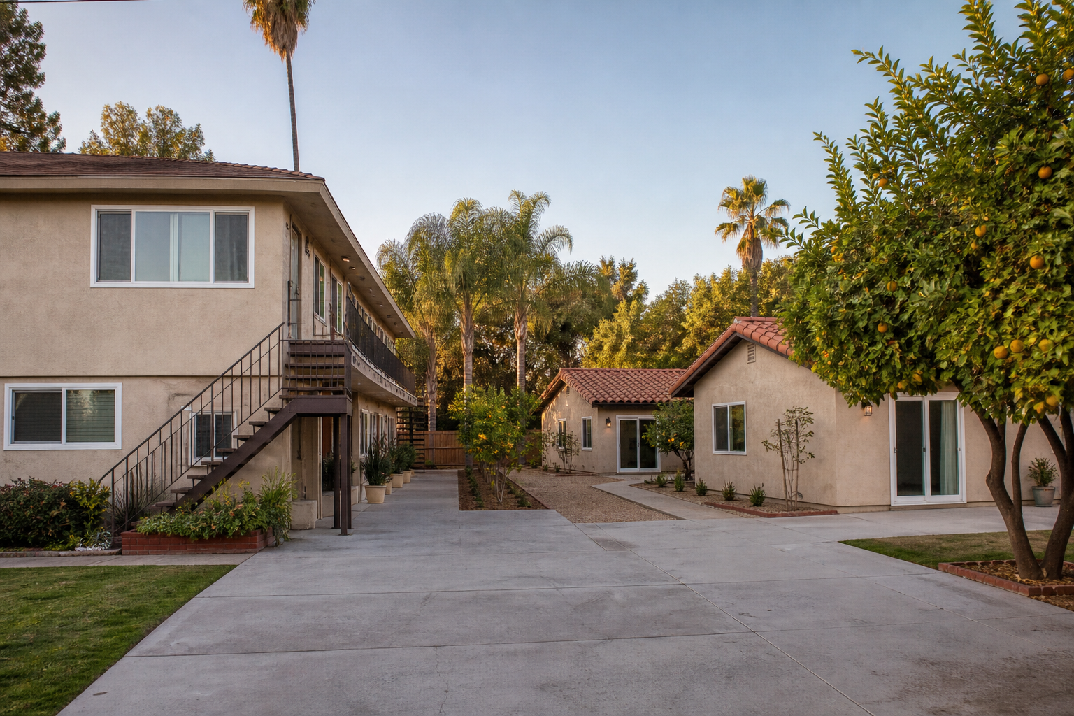 San Fernando Valley multifamily apartment with two new detached backyard ADUs, Encino-style lot, no text