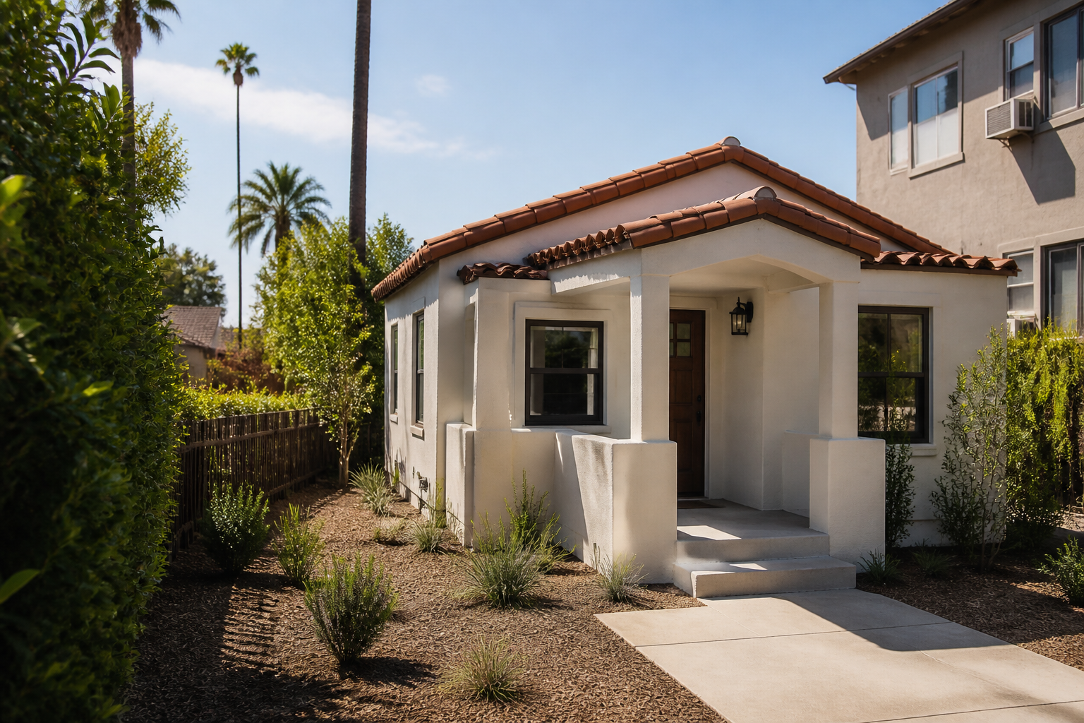 Close-up of a new detached backyard ADU beside an older Los Angeles multifamily building, no text