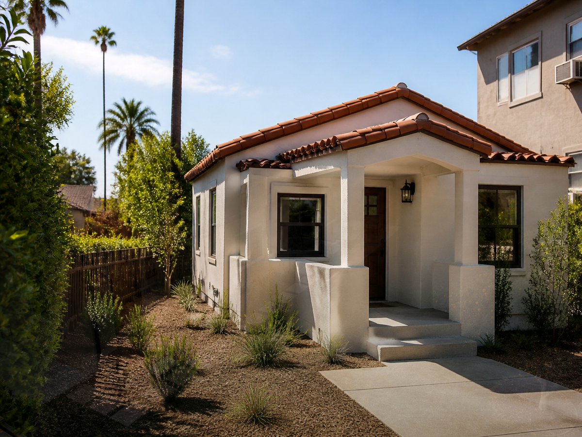 Close-up Encino ADU site plan and permit desk materials, professional photo style, no text