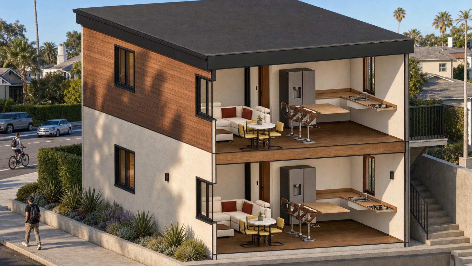 Sectioned architectural rendering of the two 804-square-foot Elkwood Street residences with kitchens and living areas