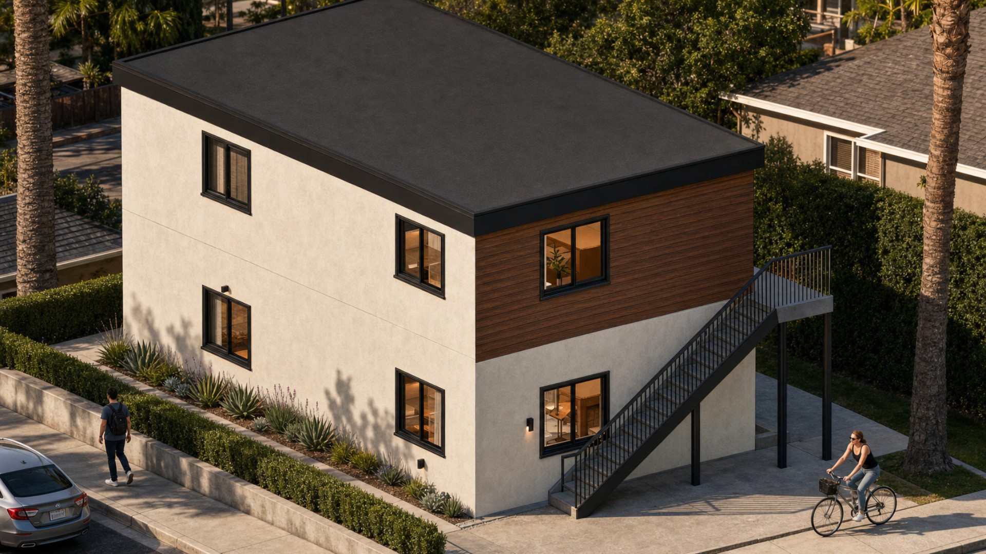 Aerial architectural rendering of the Elkwood Street two-story ADU and SB9 building with stucco walls, wood-look cladding, and an exterior stair