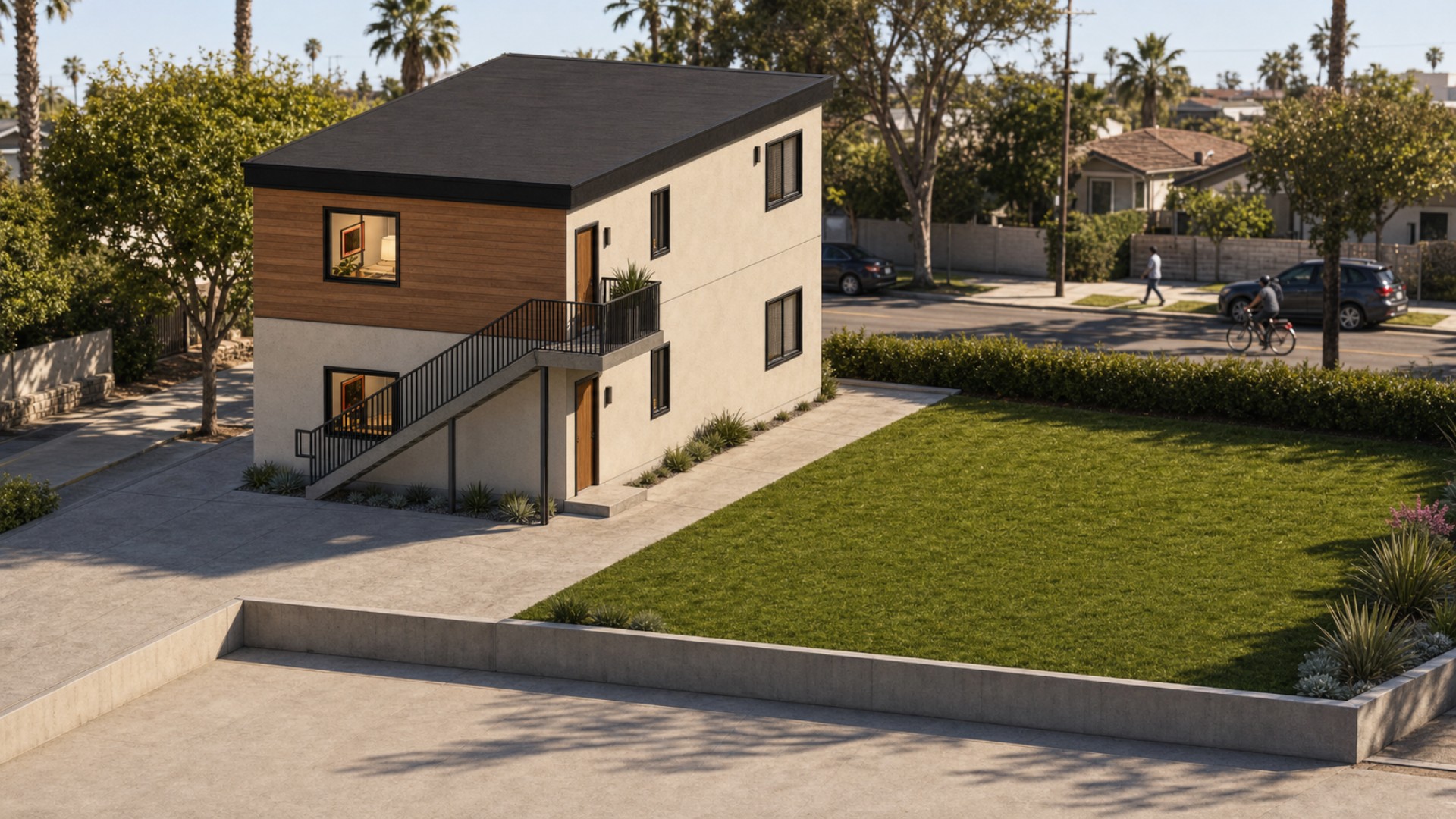 Wide site rendering showing the two-story ADU and SB9 building positioned behind the existing Elkwood Street home