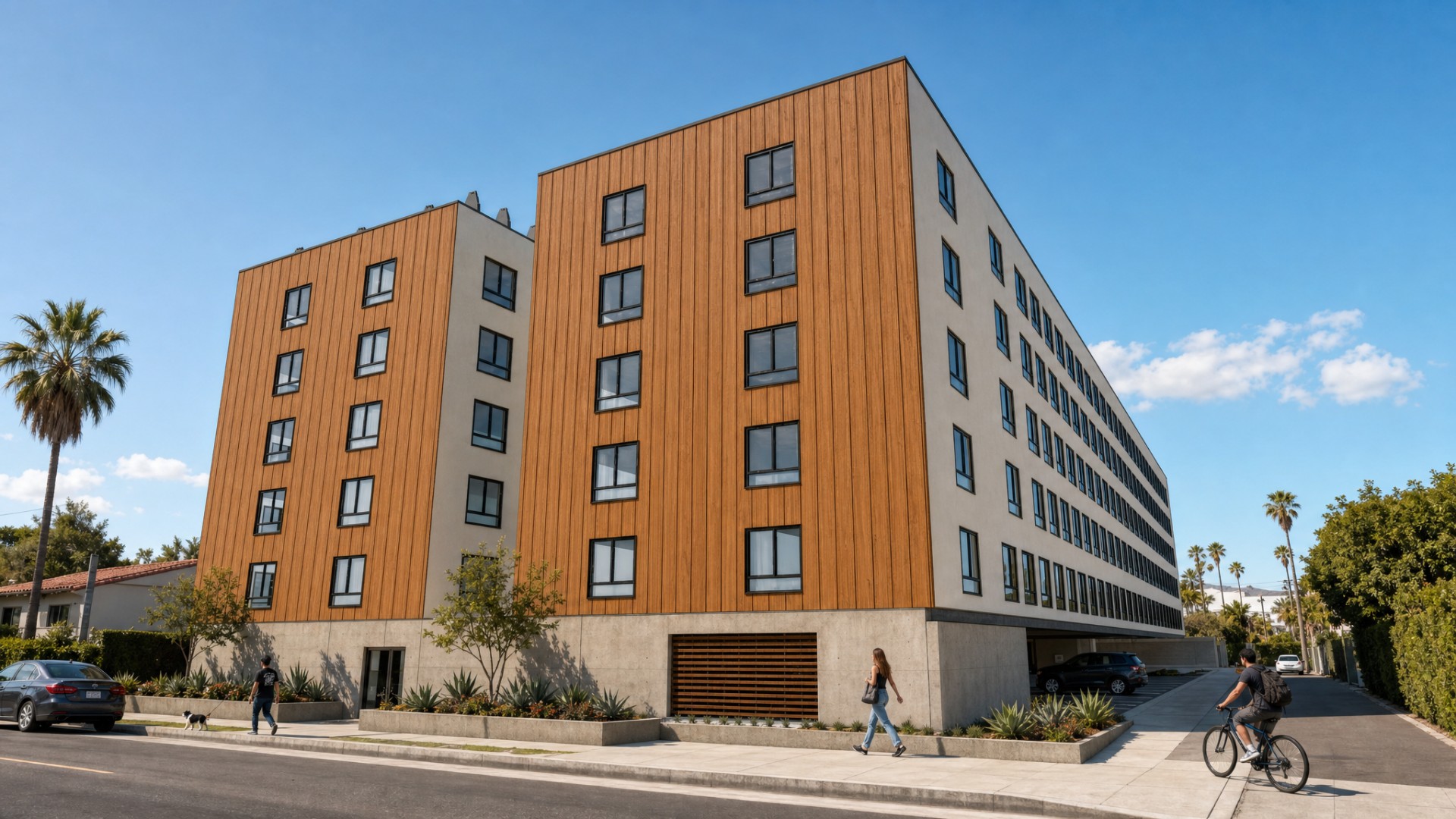 Corner architectural rendering of 8290 Orion Avenue showing wood-toned cladding, light walls, dark-framed windows, and landscaped sidewalks