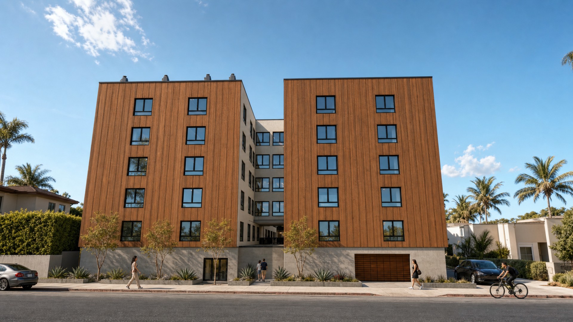 Front architectural rendering of 8290 Orion Avenue showing paired residential wings, a recessed center, and ground-level landscaping