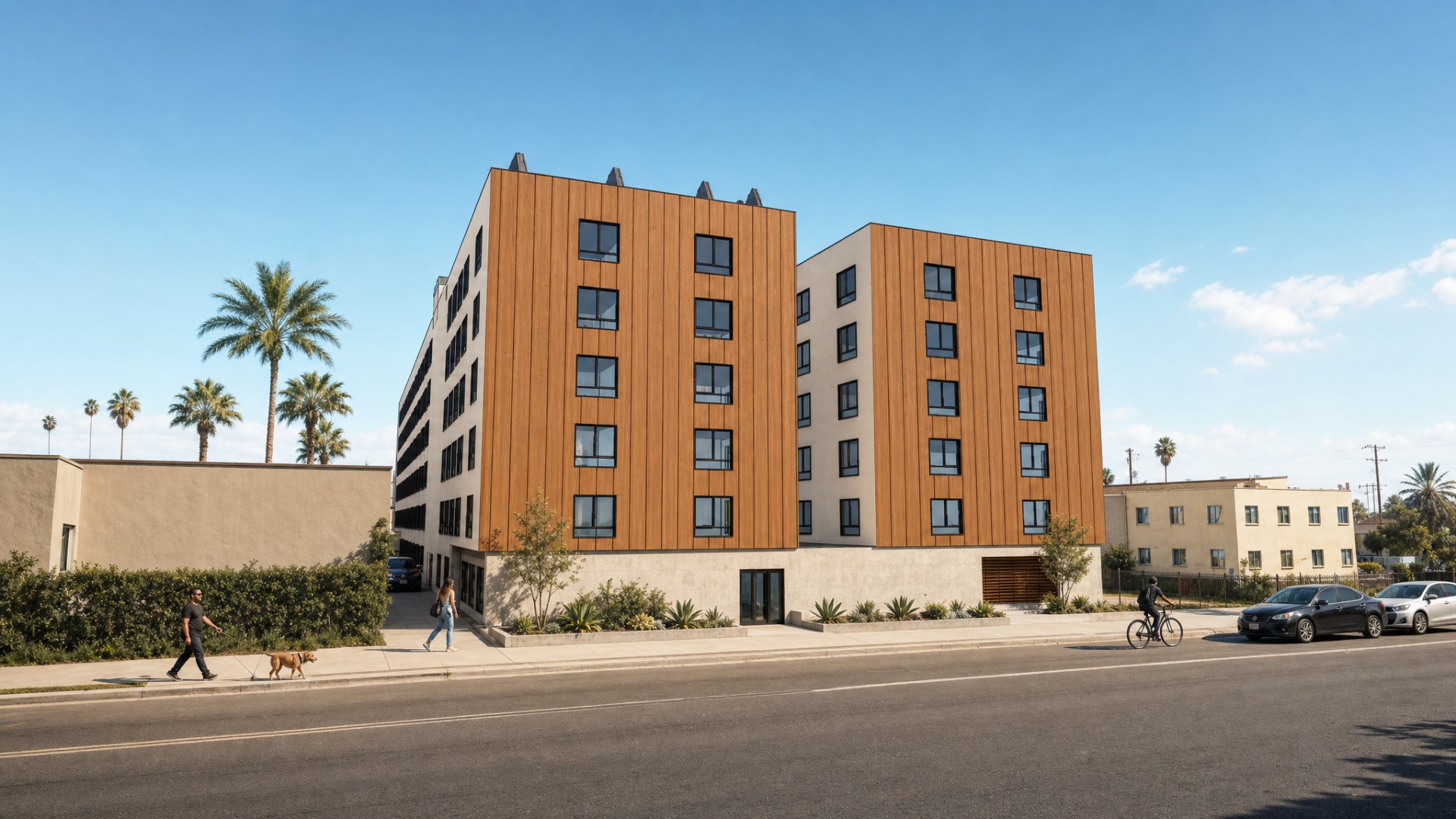Street-facing architectural rendering of the 8290 Orion Avenue affordable housing building with two articulated wood-clad volumes