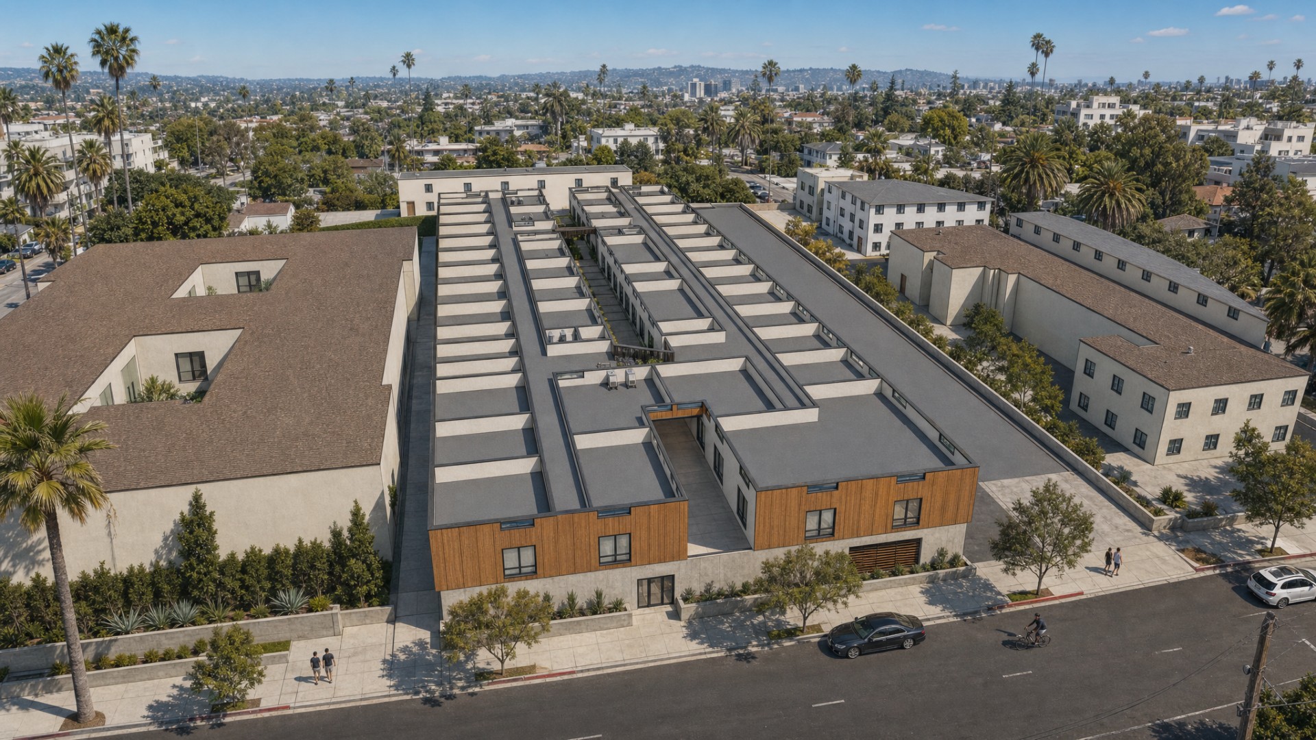Aerial architectural rendering of the 8290 Orion Avenue development showing its elongated building form, flat roofs, and interior openings