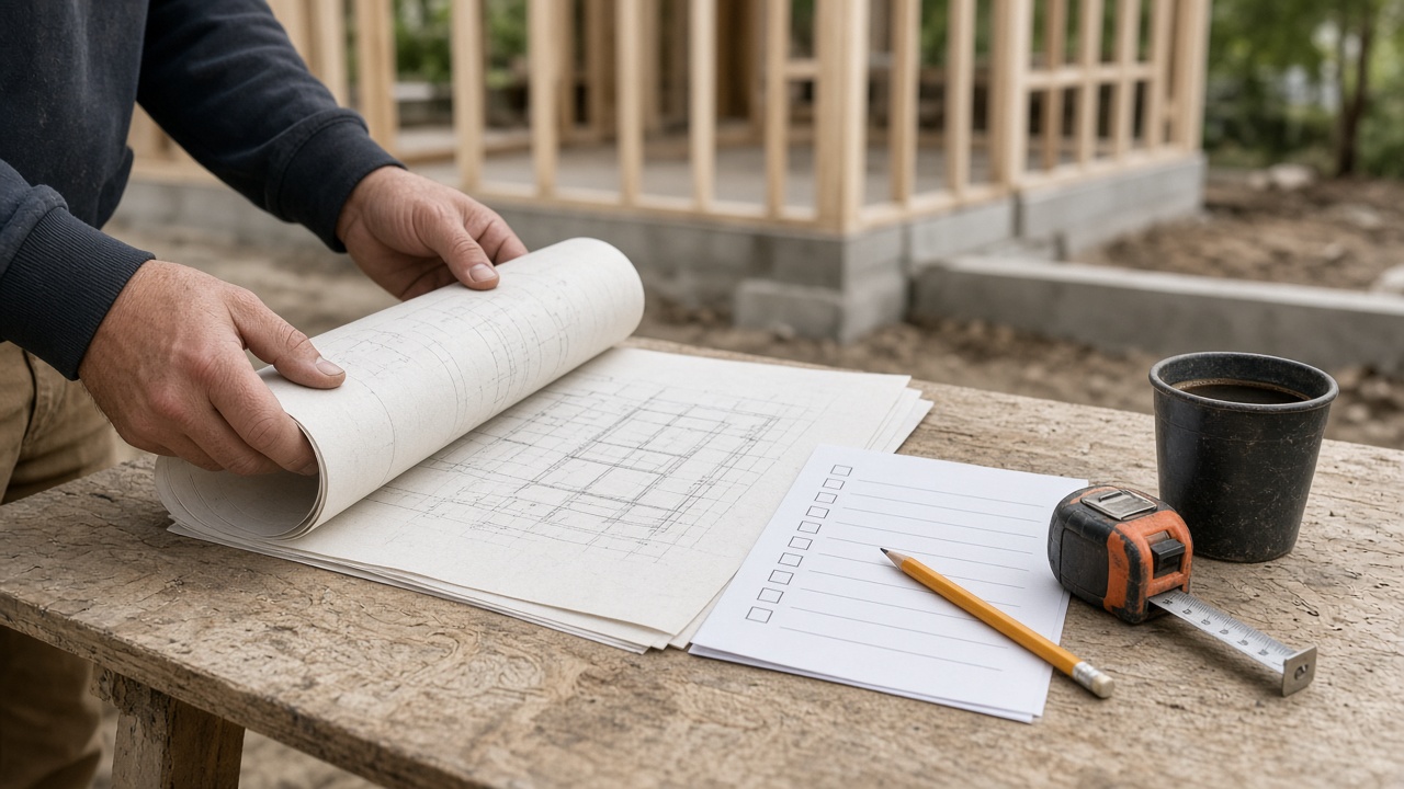 Contractor reviewing ADU site plans and permit checklist at an Encino backyard job site