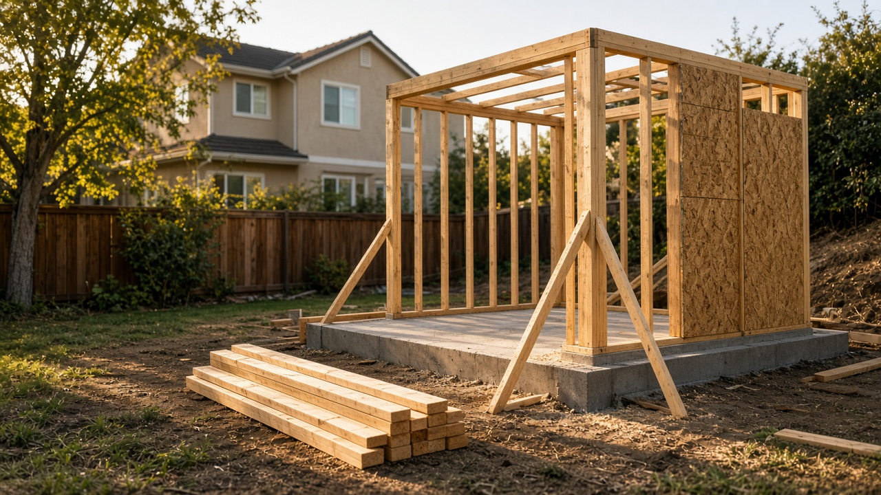 Encino backyard detached ADU wood framing continuing — hire design-build on today’s path, not wait for Prop 1 bond money