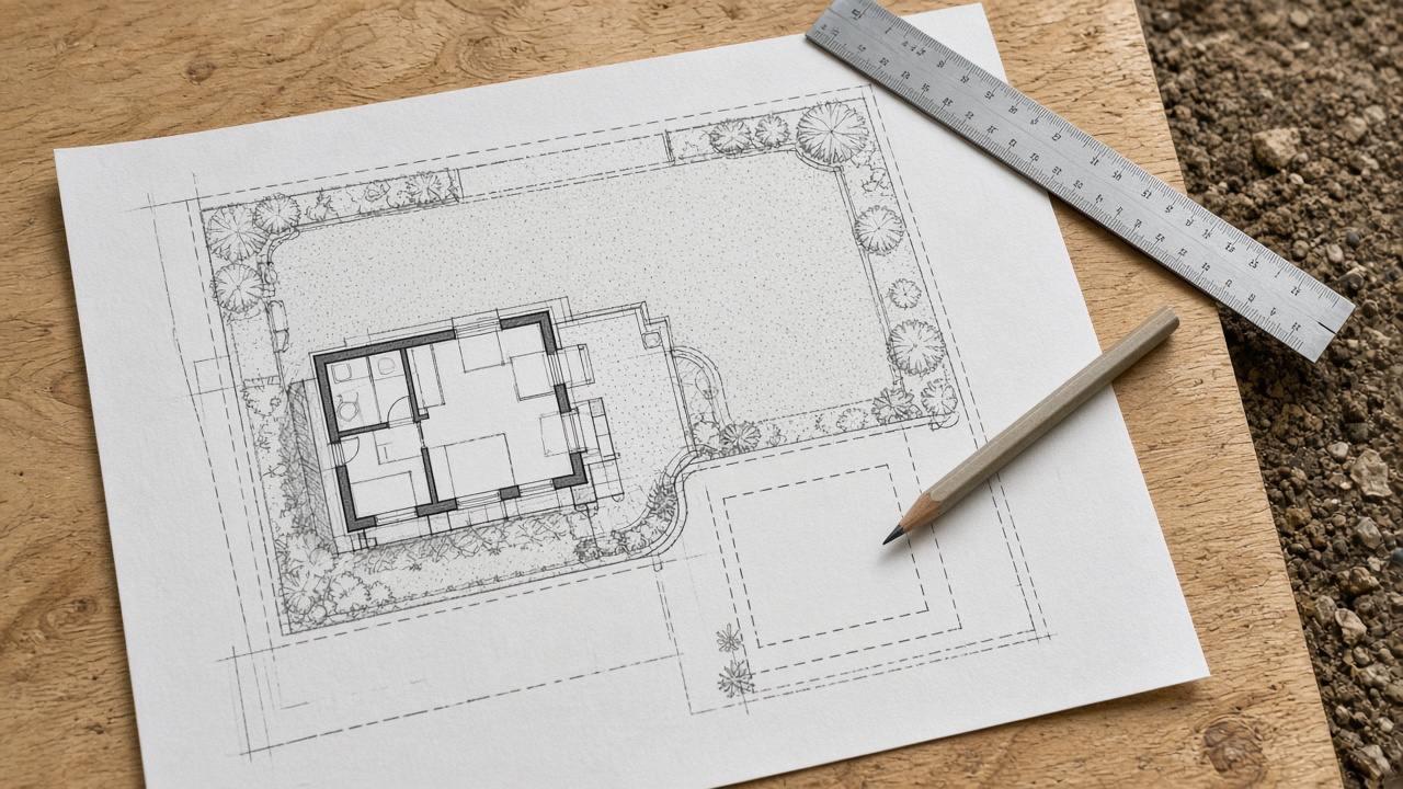Site plan sketch showing one solid ADU and dashed second-pad growth for Encino hire decision