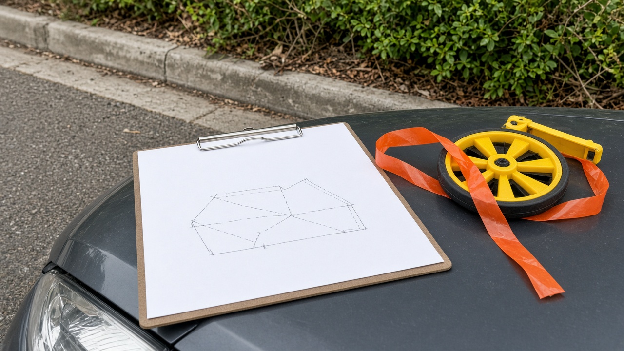 Clipboard parcel sketch and measuring wheel on a car hood at an Encino curb for lot-split hire