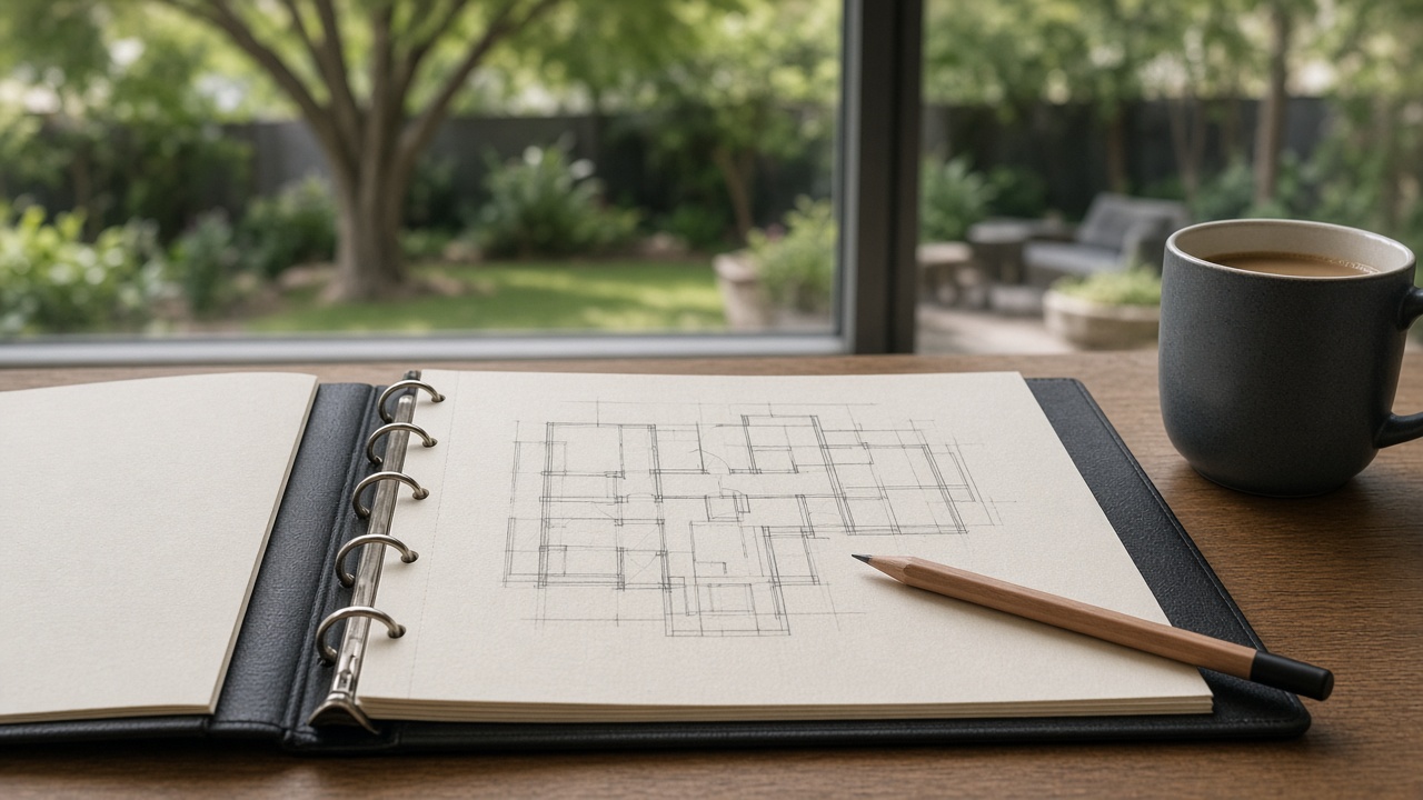 Open ADU feasibility binder with floor-plan sketch on desk overlooking Encino backyard