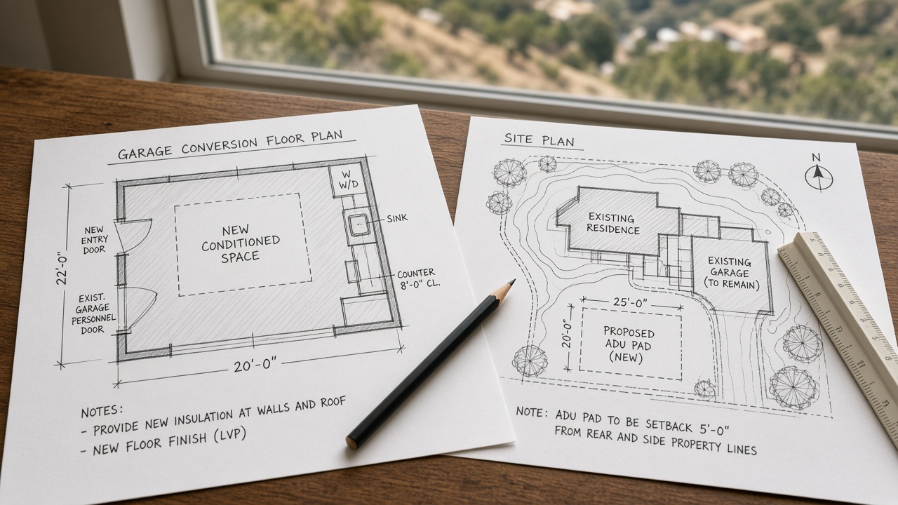 Desk sketches comparing garage conversion floor plan versus new ADU pad site plan
