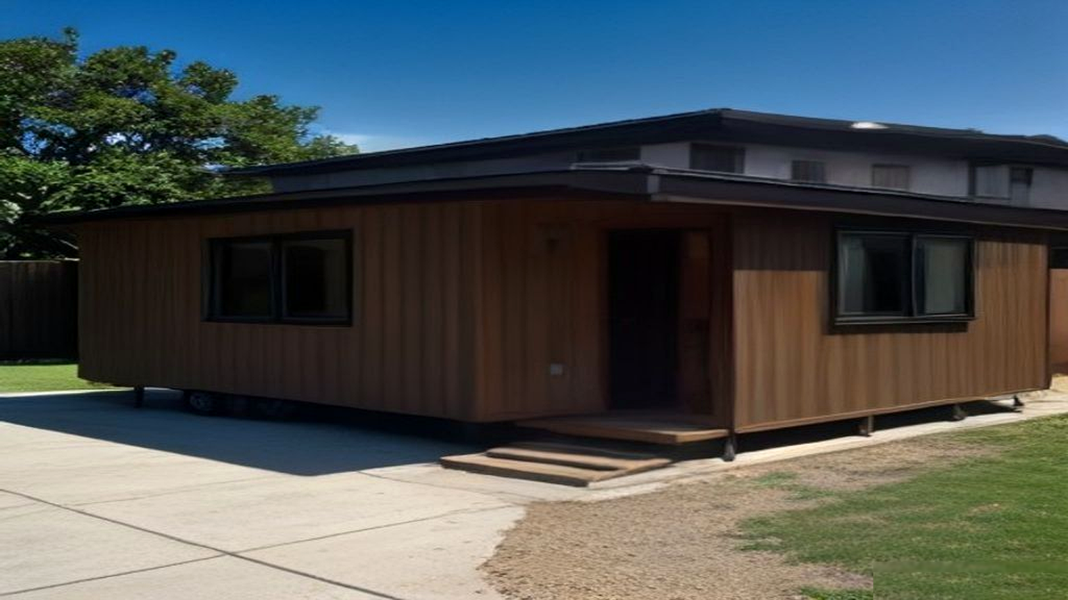 Encino backyard rear yard with a compact movable tiny house ADU on chassis beside an empty pad for stick-built comparison