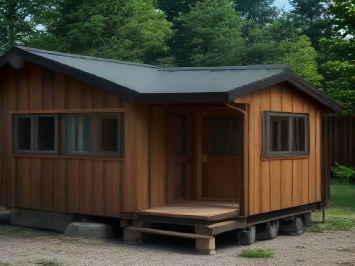 Close-up of compact movable tiny house ADU exterior with wood siding, windows, and chassis skirting on a prepared pad