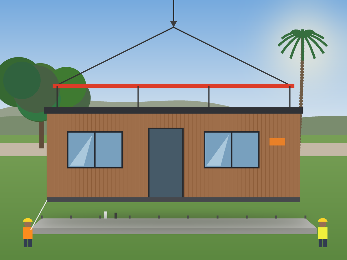 Close-up illustration of a modular ADU with wood siding being lowered by crane onto a foundation with anchor bolts and utility stub-outs