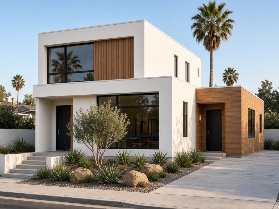 Modern two-story small-lot home in Los Angeles with an attached junior ADU and separate entry