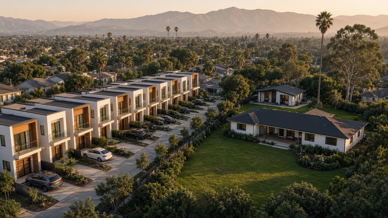Aerial view of a San Fernando Valley street with a row of new small-lot homes beside a single-family lot with a backyard ADU
