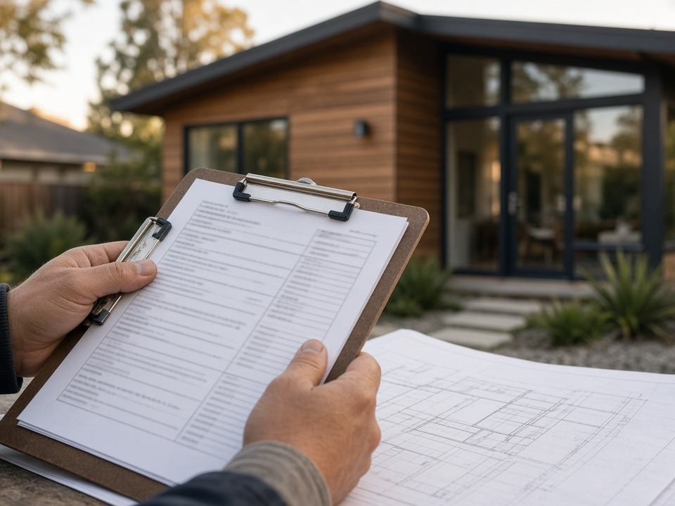 Contractor holding a construction cost estimate and blueprints in front of a finished backyard ADU