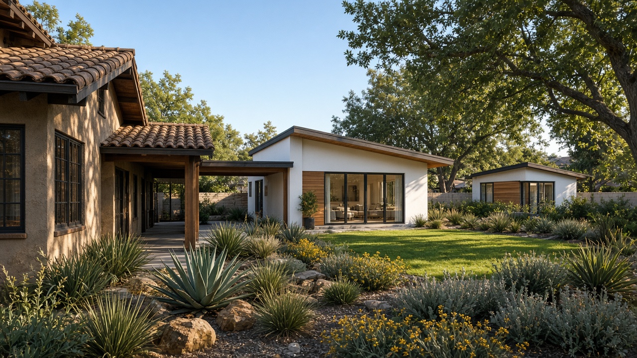 Encino house with a new attached ADU connected by a covered breezeway in the backyard