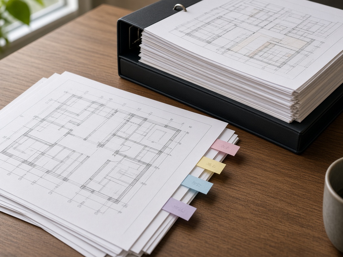Residential plan sheets with correction tabs beside an approved plans binder