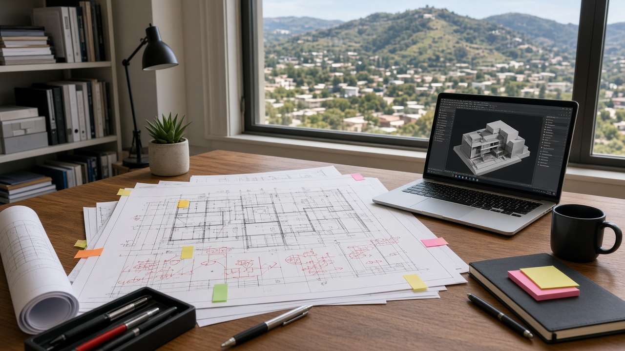 Architect desk with plan check corrections on residential plans, Encino hillside view