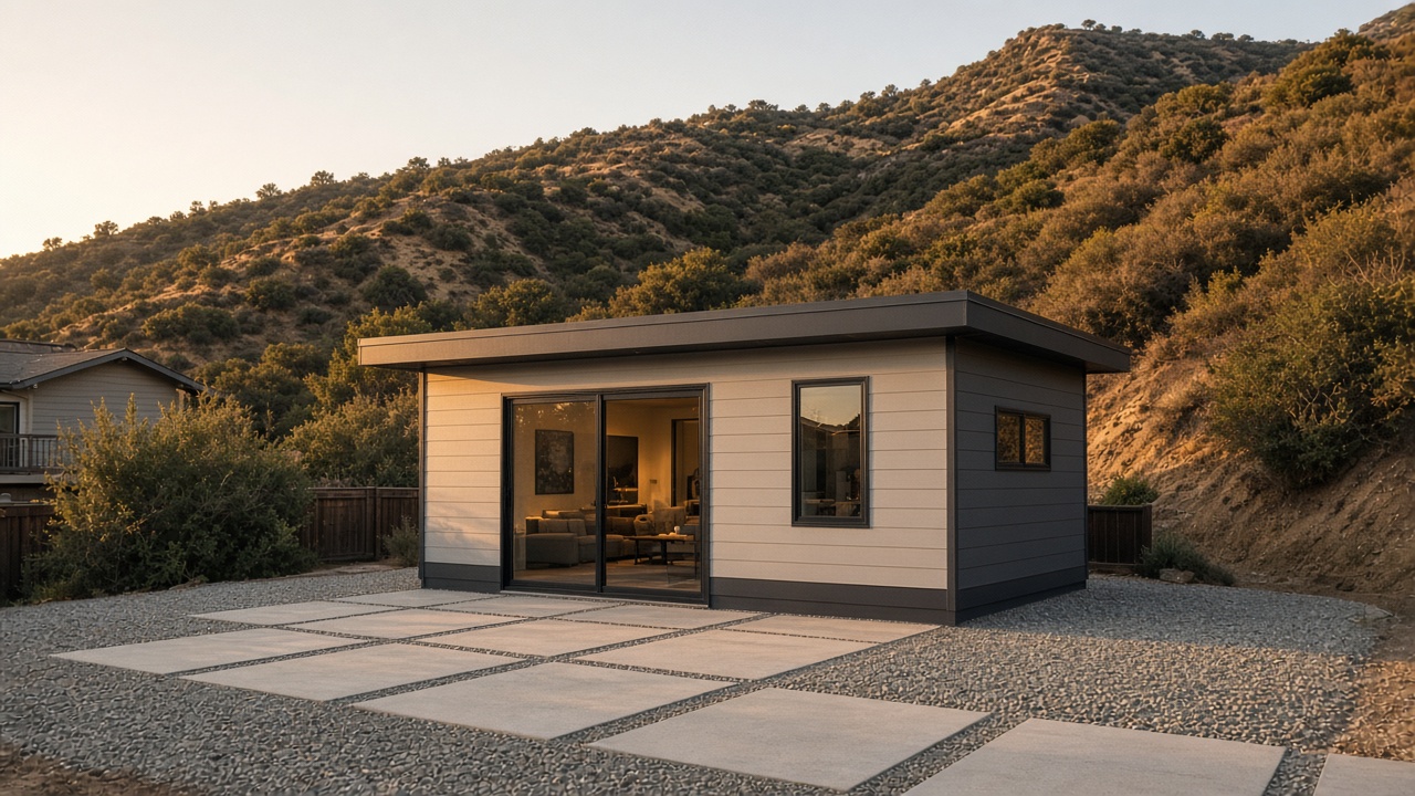 Encino hillside ADU surrounded by a gravel and paver ember-resistant zone