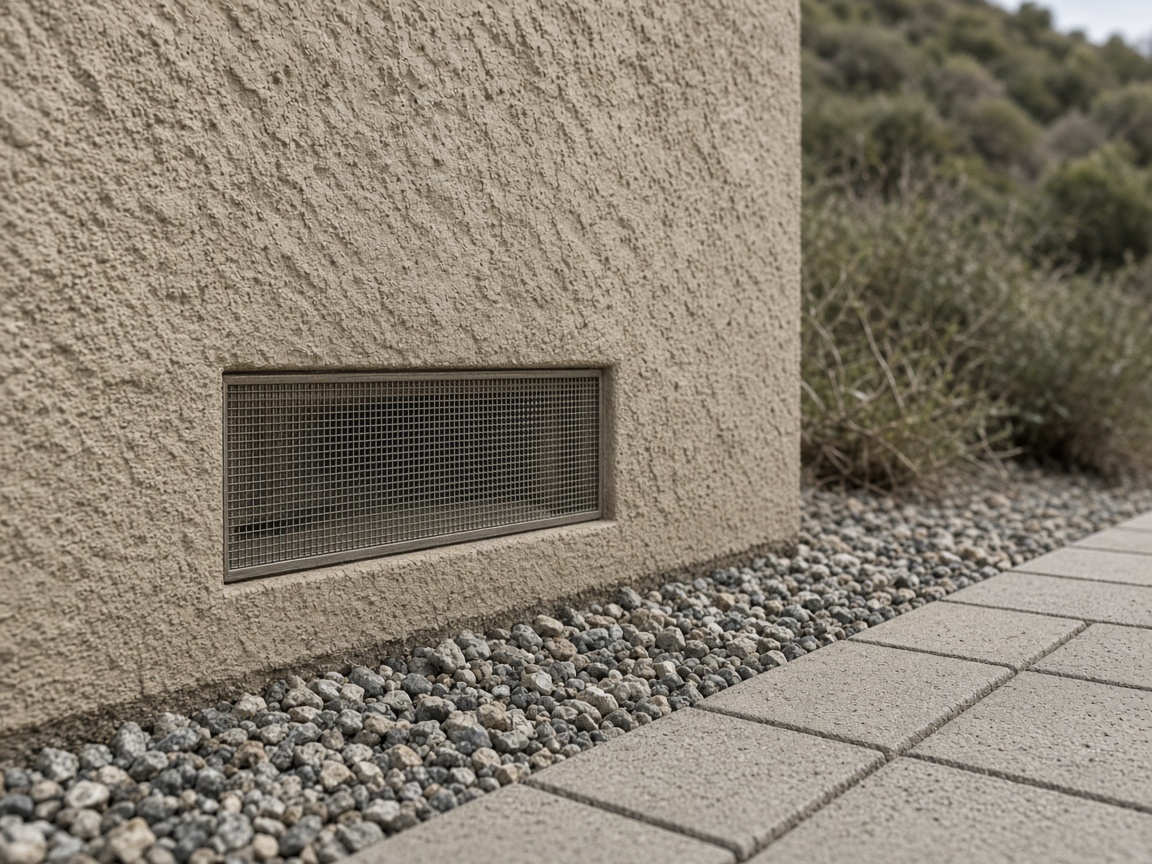 Ember-resistant mesh vent and gravel strip at the base of an ADU wall