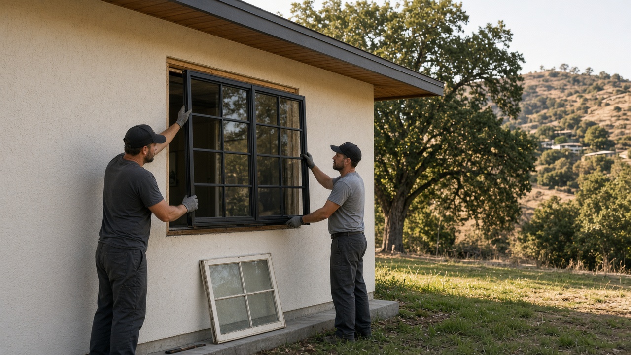 Installers replacing a window on a mid-century Encino home