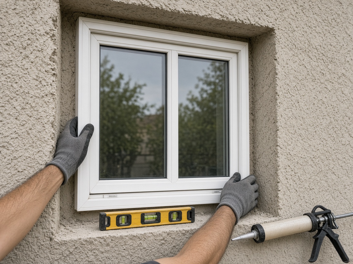 New window being set into a same-size opening in a stucco wall