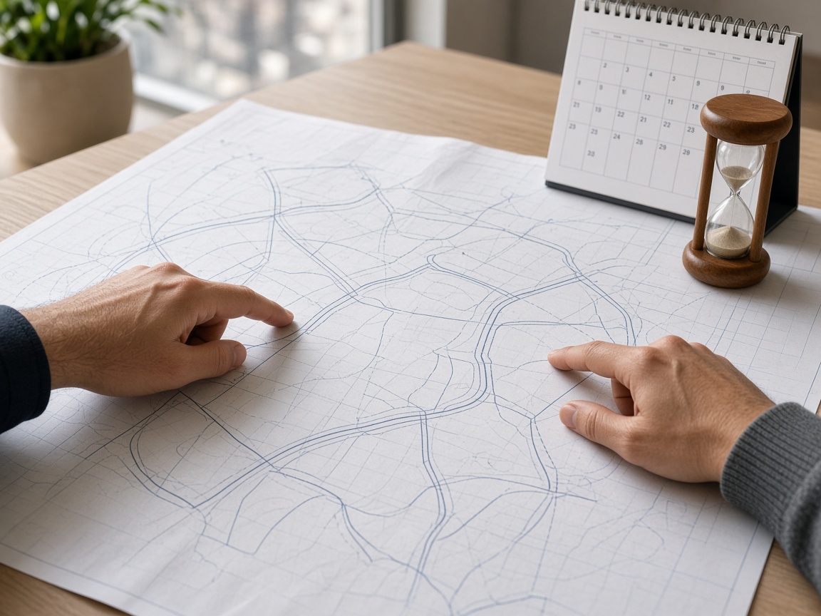 Hands on a subdivision map next to a calendar and hourglass