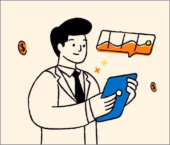 Illustration of a man in a suit holding a tablet with floating dollar coins and a chart above him. - CDP Images