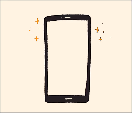 Simple black outline drawing of a smartphone with sparkles around it on a beige background. - CDP Images