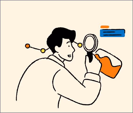 Illustration of a person holding a magnifying glass and examining a floating orange folder with a blue and orange comment box. - CDP Images