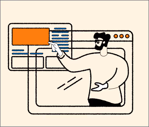 Illustration of a man with dark hair and beard pointing at a highlighted orange rectangle on a digital interface with multiple windows. - CDP Images
